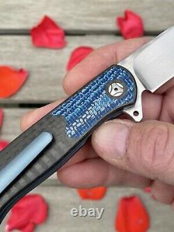 Trevor Burger Atlas Plus Custom Knife Hand Rub M390 Blue Twill Carbon Fiber New
